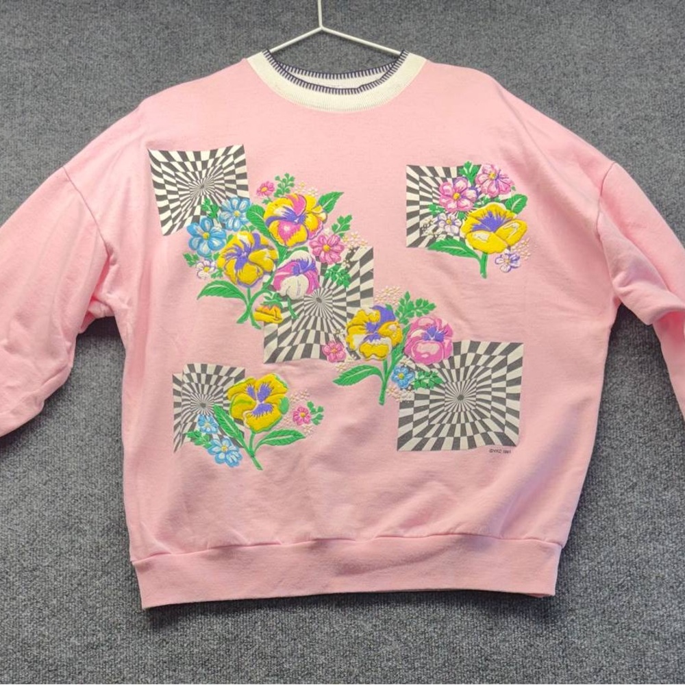 Vintage Briazzi Floral Abstract Sweatshirt Large Pink Made in USA Grandma Core